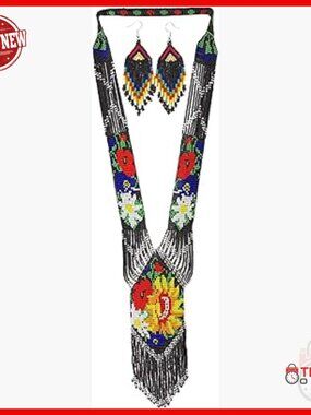Long Beaded Necklace Set with Tassel Earrings Bracelet Boho Jewelry